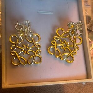Loewe Gold-Tone Filigree Logo Clip-On Earrings with Crystal Accents